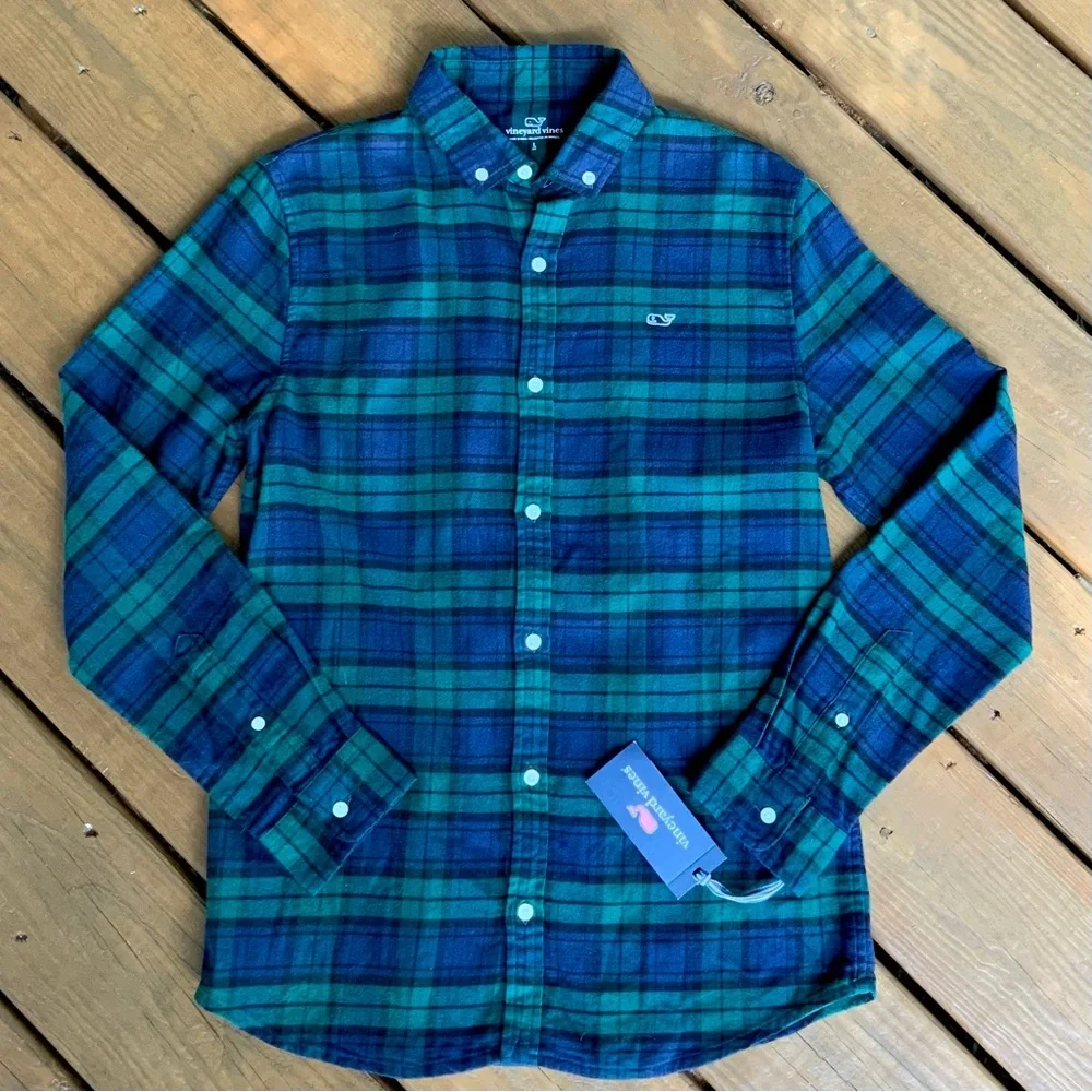 NWT Boy’s Vineyard Vines Black Watch (Charleston Green Plaid) Shirt - Picture 1 of 7
